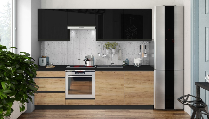 Conjunto de cozinha MARINA 240 cm carvalho craft/preto brilhante