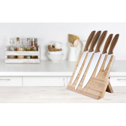 Conjunto de facas de aço inoxidável 5 pcs com um suporte magnético de madeira de bambu