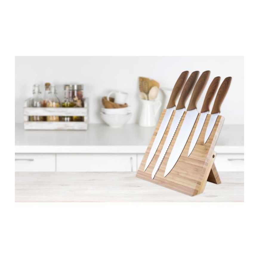 Conjunto de facas de aço inoxidável 5 pcs com um suporte magnético de madeira de bambu