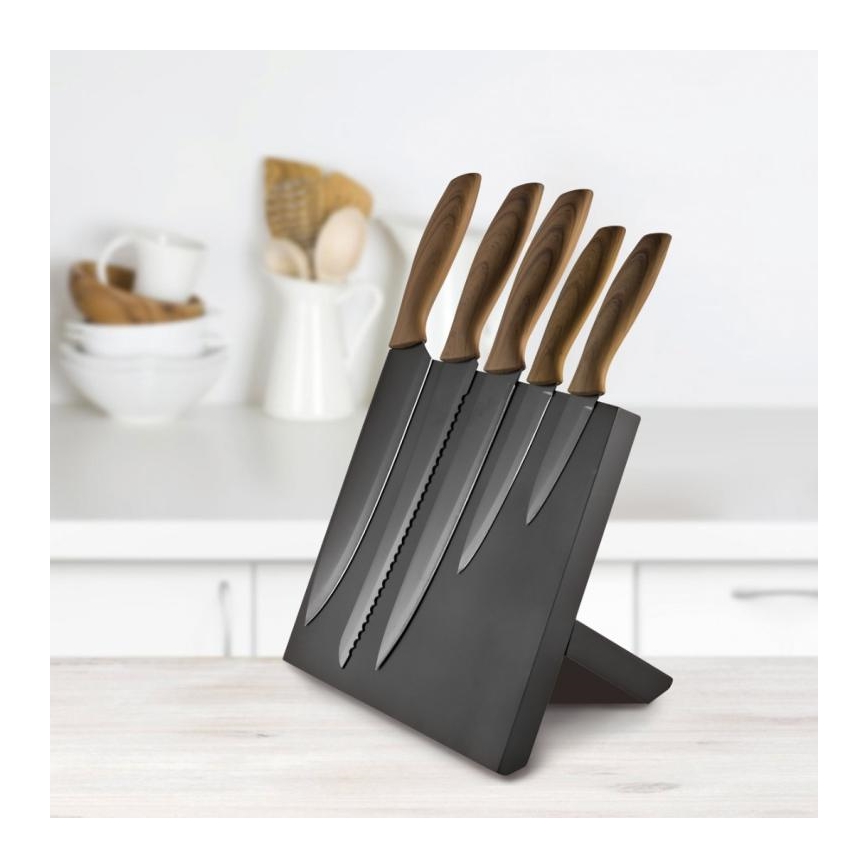 Conjunto de facas de aço inoxidável 5 pcs com um suporte magnético madeira/preto