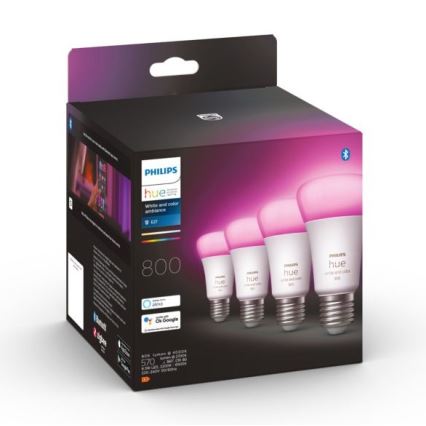 CONJUNTO - Tira LED RGBW com regulação Philips Hue WHITE AND COLOR AMBIANCE 2m LED/20W/230V + 4x Lâmpada com regulação Philips A60 E27/6,5W/230V 2000-6500K