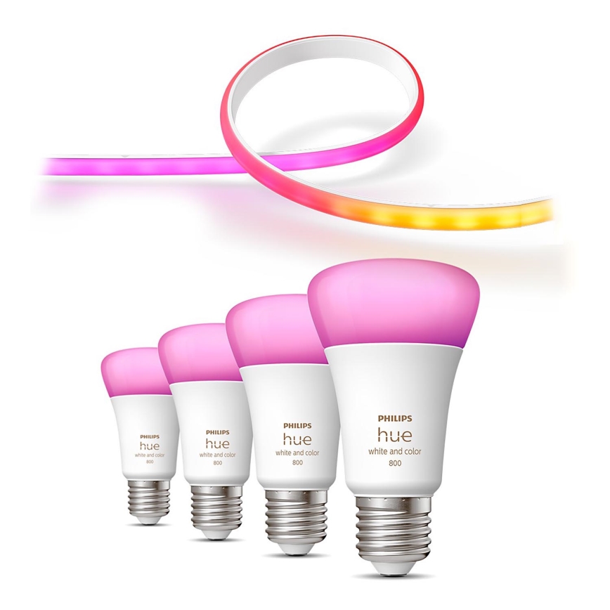 CONJUNTO - Tira LED RGBW com regulação Philips Hue WHITE AND COLOR AMBIANCE 2m LED/20W/230V + 4x Lâmpada com regulação Philips A60 E27/6,5W/230V 2000-6500K