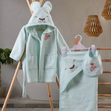 Conjunto turco para criança ASLAN - robe de banho. toalha, toalha de banho menta