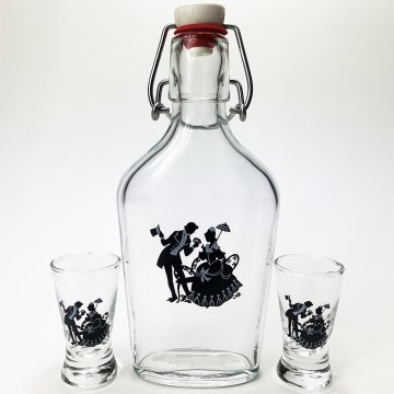 Conjunto vector - 1x grande garrafa + 2x copo para shots transparente com motivo de casal