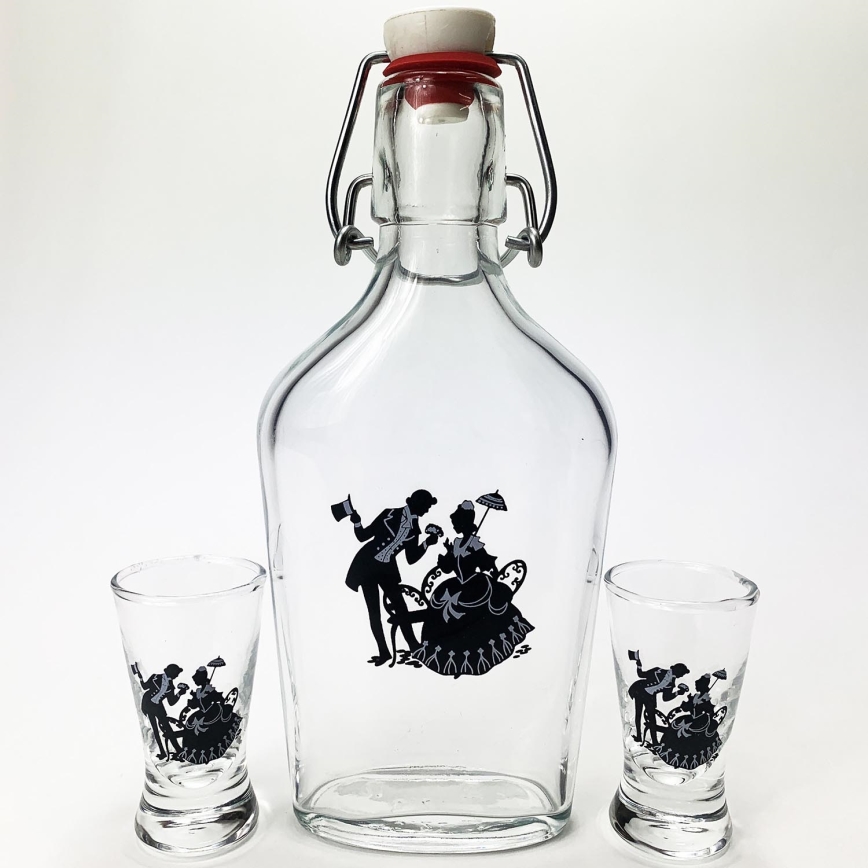 Conjunto vector - 1x grande garrafa + 2x copo para shots transparente com motivo de casal