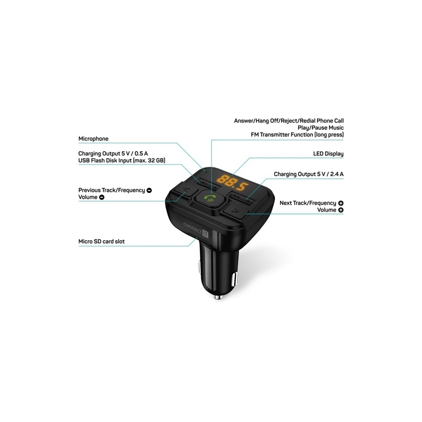 CONNECT IT CCC-8600-BK - Transmissor FM para automóveis com função mãos-livres preto