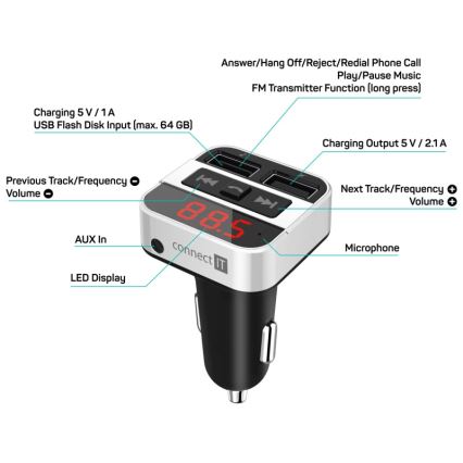 CONNECT IT CCC-8800-SL - Transmissor FM para automóveis com função mãos-livres preto/prateado