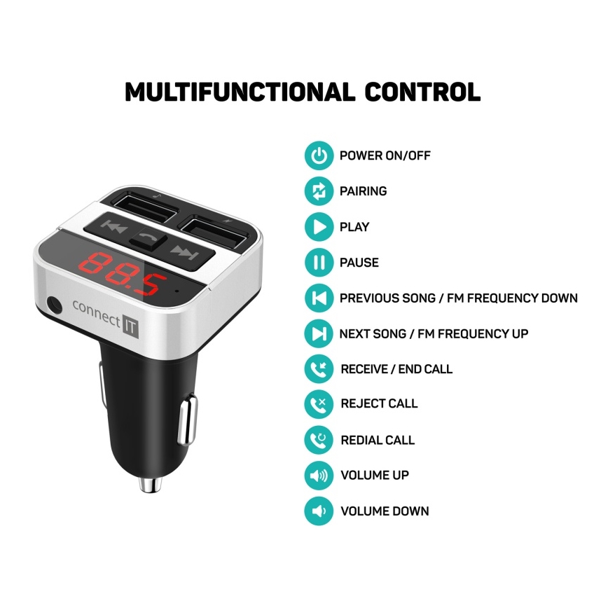 CONNECT IT CCC-8800-SL - Transmissor FM para automóveis com função mãos-livres preto/prateado