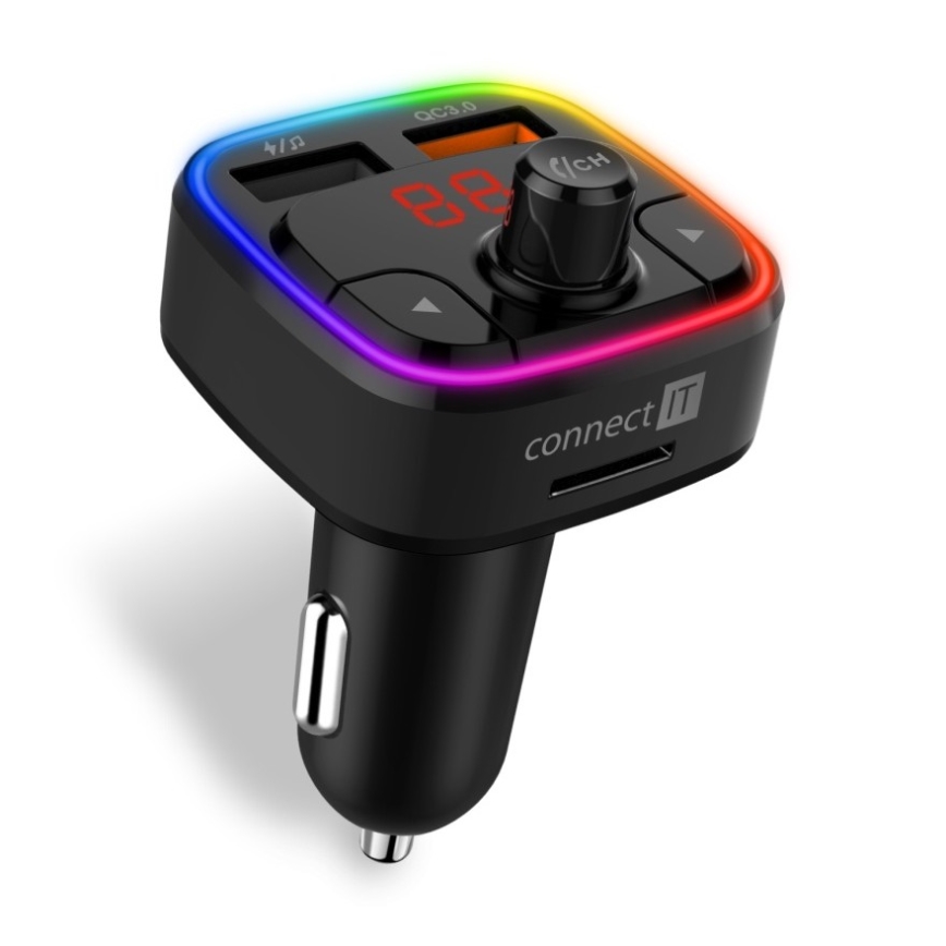 CONNECT IT CCC-9090-BK - Transmissor FM LED RGB para automóveis com função mãos-livres preto