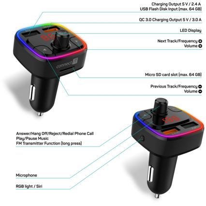 CONNECT IT CCC-9090-BK - Transmissor FM LED RGB para automóveis com função mãos-livres preto