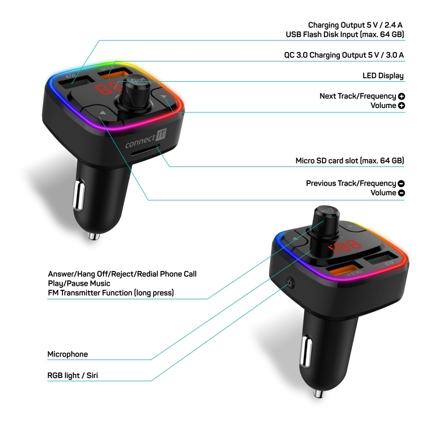 CONNECT IT CCC-9090-BK - Transmissor FM LED RGB para automóveis com função mãos-livres preto