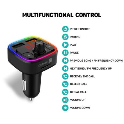 CONNECT IT CCC-9090-BK - Transmissor FM LED RGB para automóveis com função mãos-livres preto