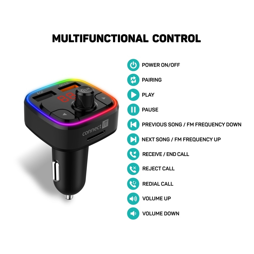 CONNECT IT CCC-9090-BK - Transmissor FM LED RGB para automóveis com função mãos-livres preto