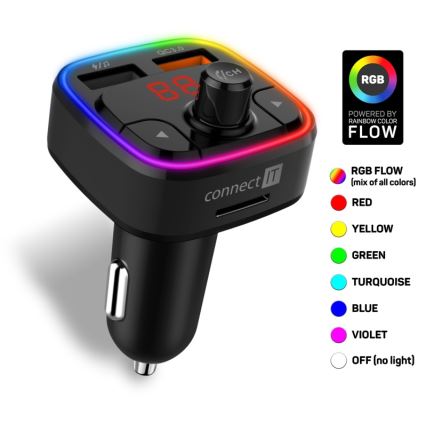 CONNECT IT CCC-9090-BK - Transmissor FM LED RGB para automóveis com função mãos-livres preto