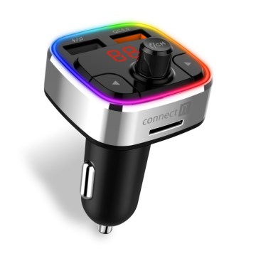 CONNECT IT CCC-9090-SL - Transmissor FM LED RGB para automóveis com função mãos-livres preto/prateado