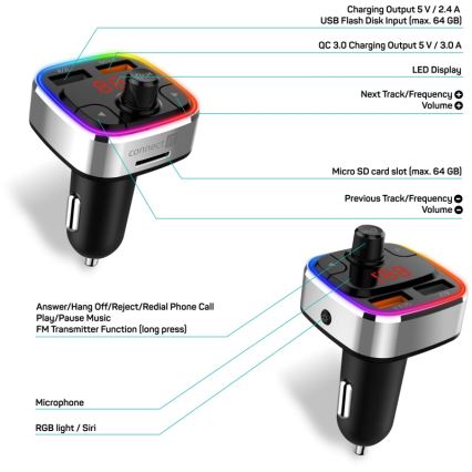 CONNECT IT CCC-9090-SL - Transmissor FM LED RGB para automóveis com função mãos-livres preto/prateado