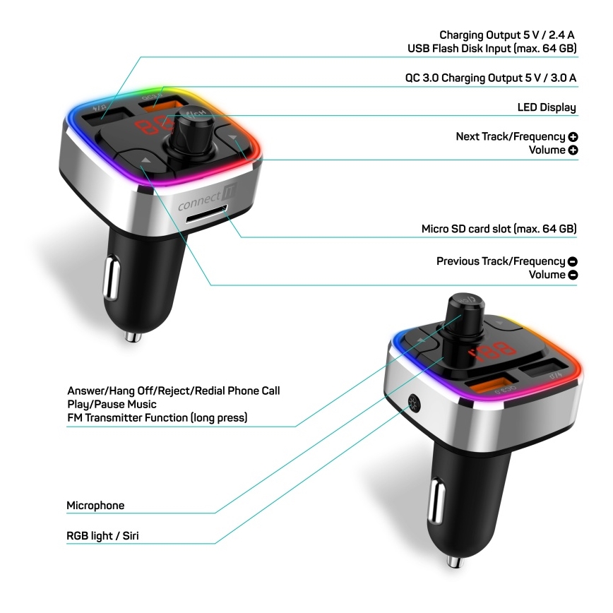 CONNECT IT CCC-9090-SL - Transmissor FM LED RGB para automóveis com função mãos-livres preto/prateado