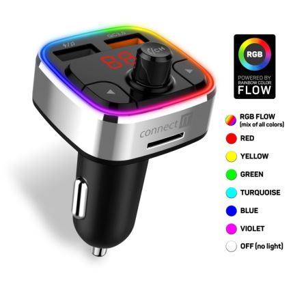 CONNECT IT CCC-9090-SL - Transmissor FM LED RGB para automóveis com função mãos-livres preto/prateado