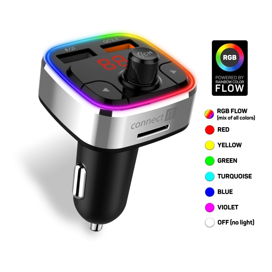 CONNECT IT CCC-9090-SL - Transmissor FM LED RGB para automóveis com função mãos-livres preto/prateado