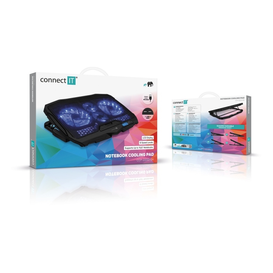 CONNECT IT CCP-2200-BK - Tapete de arrefecimento para computador portátil 4x ventoinhas 2xUSB preto//azul
