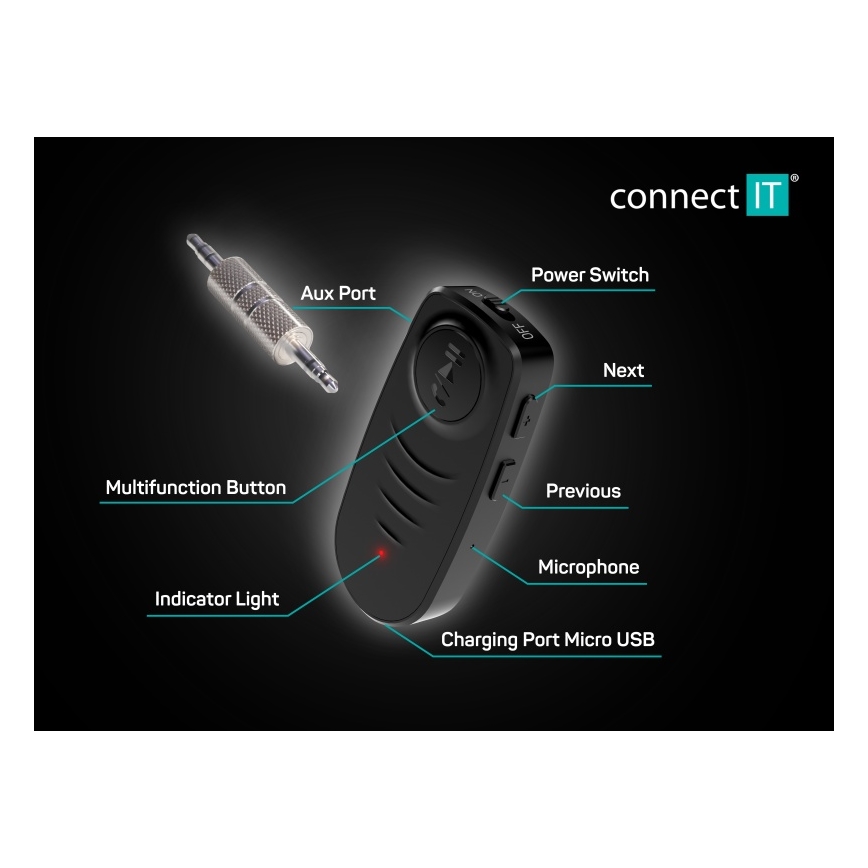 CONNECT IT CFF-4050-BK - Recetor de áudio Bluetooth AUX 110 mAh