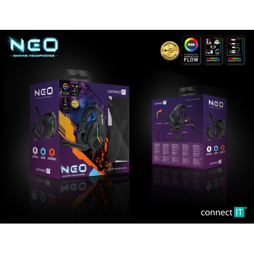 CONNECT IT CHP-3595-BK - Auscultadores LED RGB com fios gaming com microfone preto