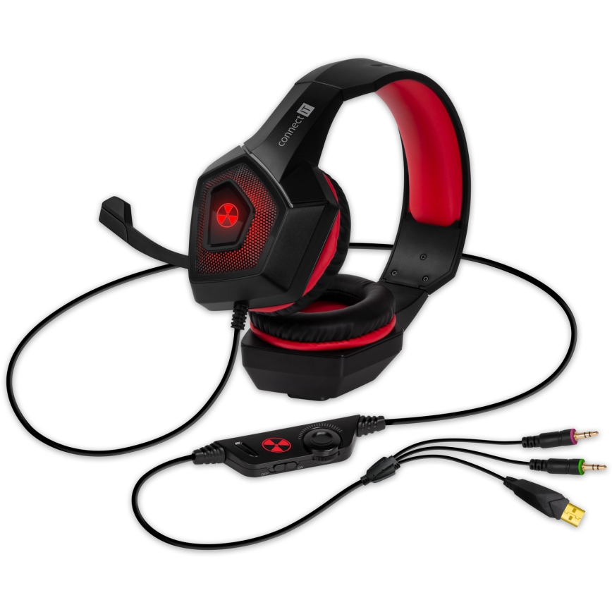 CONNECT IT CHP-5500-RD - Auscultadores LED com fios gaming com microfone preto/vermelho