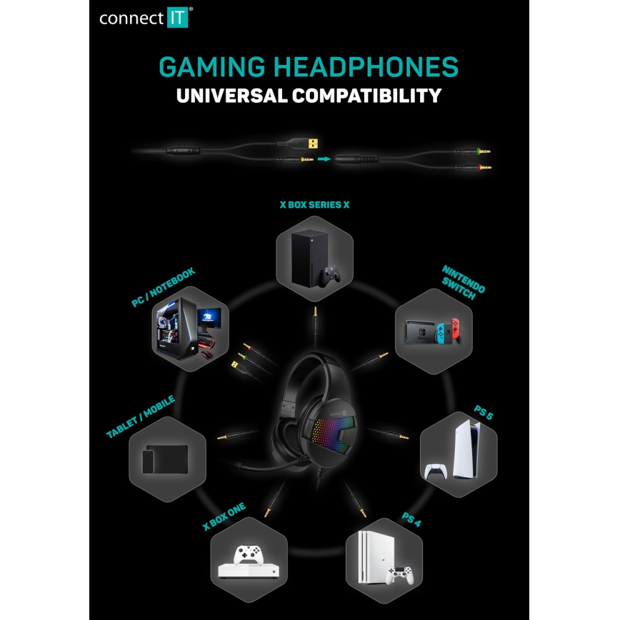 CONNECT IT CHP-5600-BK - Auscultadores LED RGB com fios gaming com microfone preto