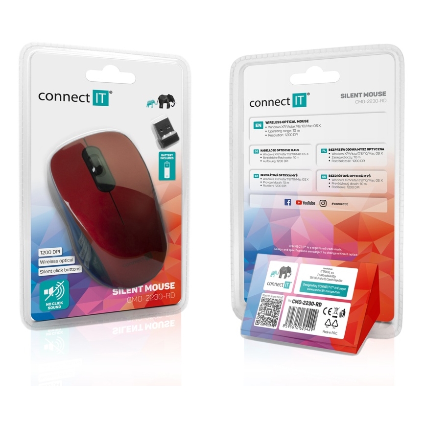 CONNECT IT CMO-2230-RD - Rato silencioso sem fios MUTE 1200 DPI 1xAA preto/vermelho