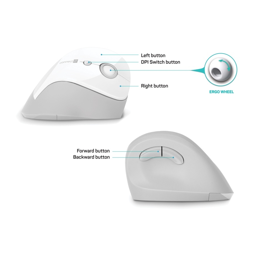 CONNECT IT CMO-2700-WH - Rato sem fios ergonómico 800/1200/1600 DPI 1xAA branco