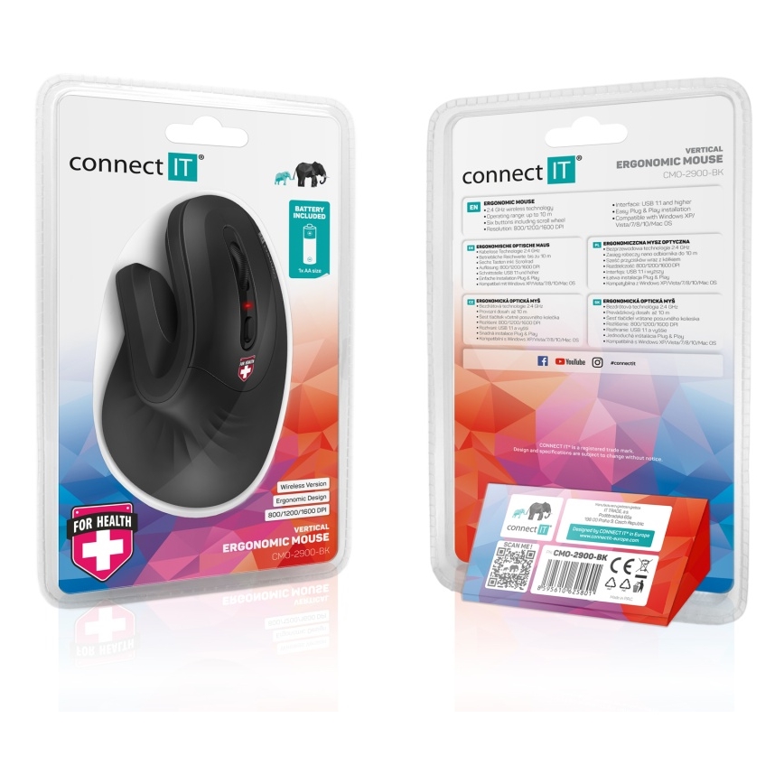 CONNECT IT CMO-2900-BK - Rato sem fios ergonómico 800/1200/1600 DPI 1xAA preto