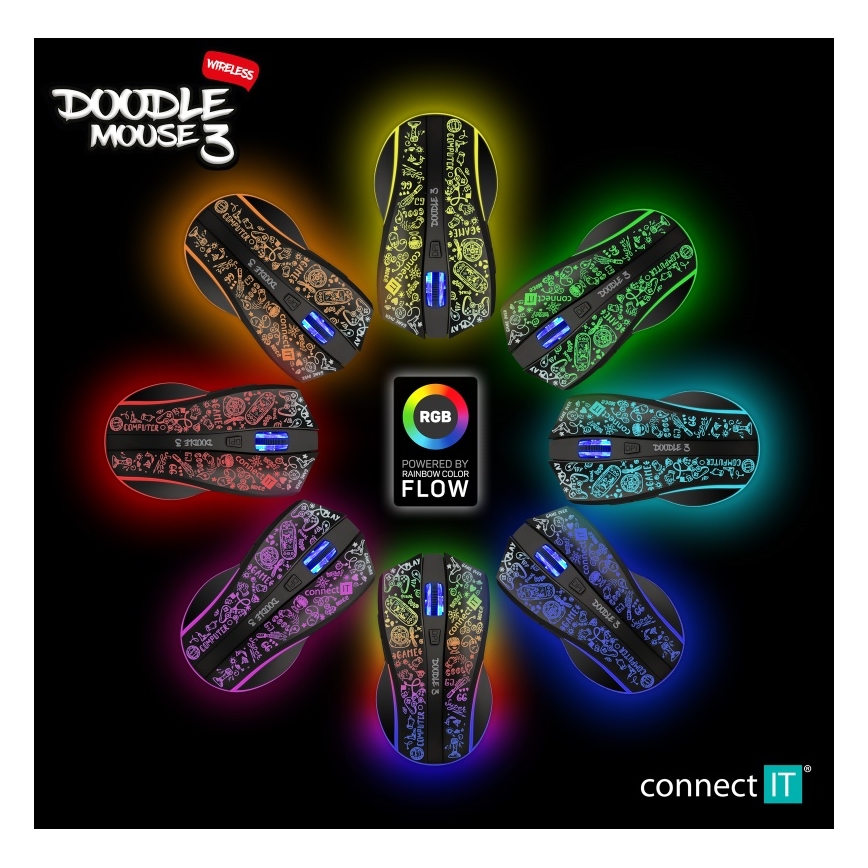 CONNECT IT CMO-3530-DD - Rato para jogos LED RGB sem fios 800/1200/1600/2400/4800 DPI 600 mAh preto