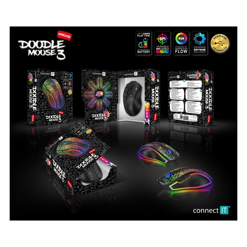 CONNECT IT CMO-3530-DD - Rato para jogos LED RGB sem fios 800/1200/1600/2400/4800 DPI 600 mAh preto
