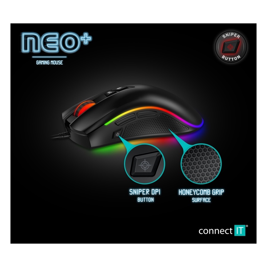 CONNECT IT CMO-3591-BK - Rato para jogos LED RGB com fios 500-7200 DPI preto