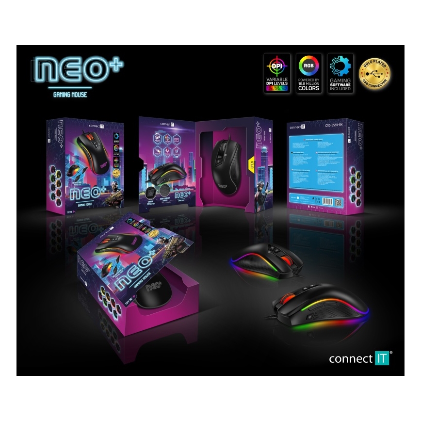 CONNECT IT CMO-3591-BK - Rato para jogos LED RGB com fios 500-7200 DPI preto