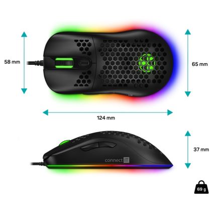 CONNECT IT CMO-5511-BK -Rato para jogos LED RGB com fios 200-12800 DPI preto