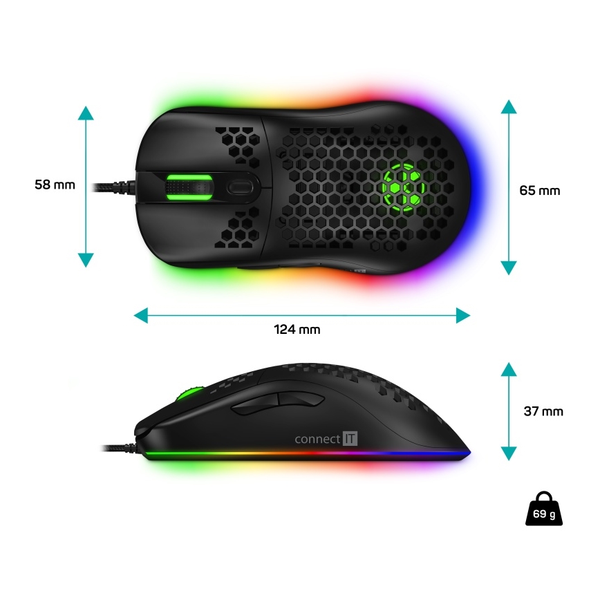 CONNECT IT CMO-5511-BK -Rato para jogos LED RGB com fios 200-12800 DPI preto