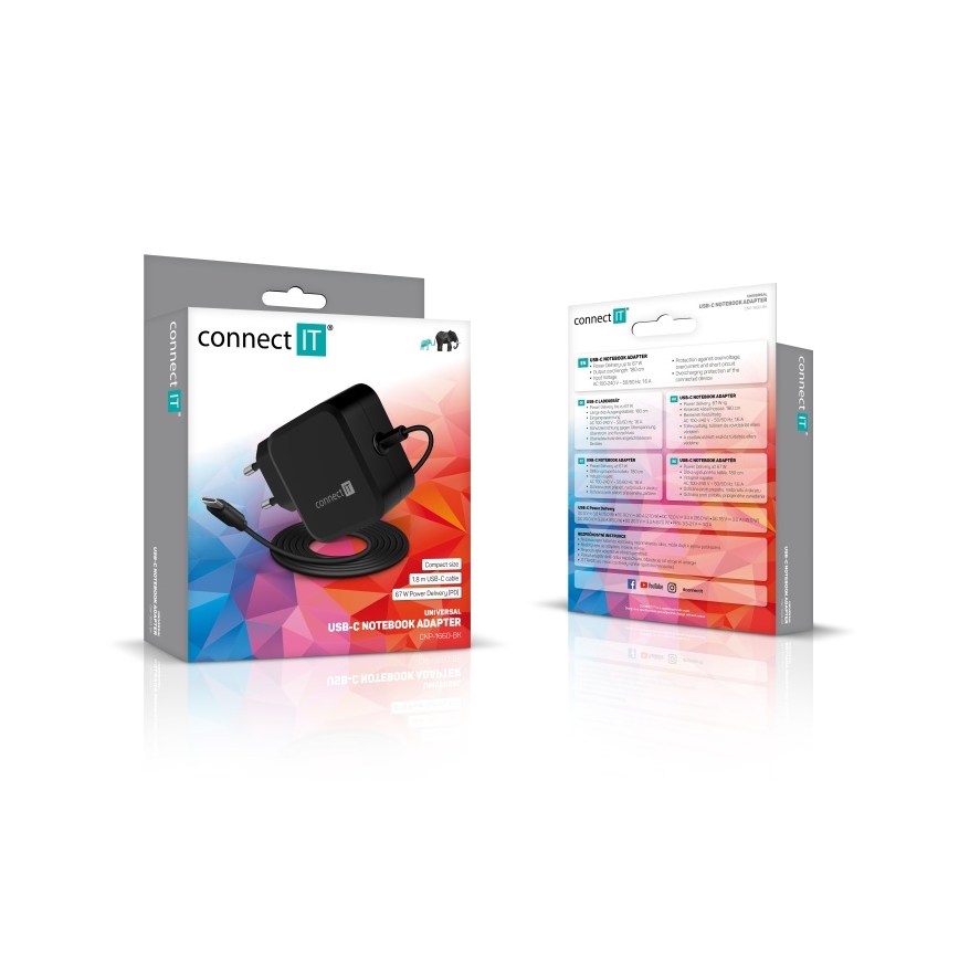 CONNECT IT CNP-1660-BK - Adaptador de alimentação universal para portáteis USB-C 67W