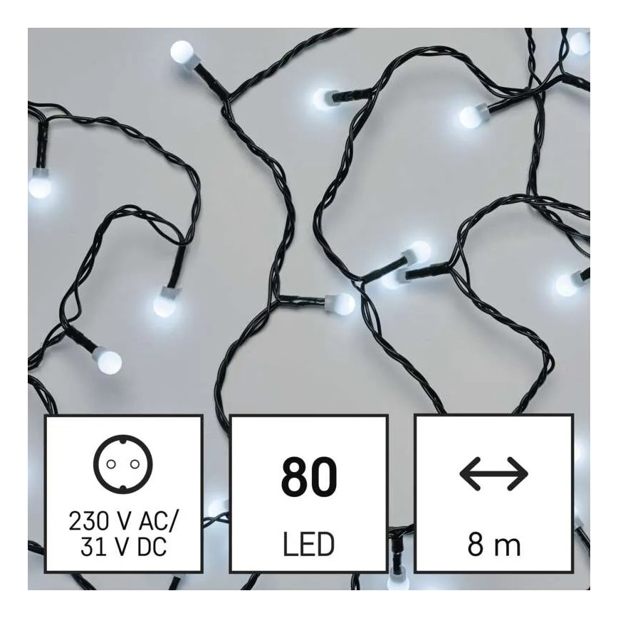 Cordão de luzes LED para exterior, 80 LEDs / 8 funções, 13 m, branco frio, IP44