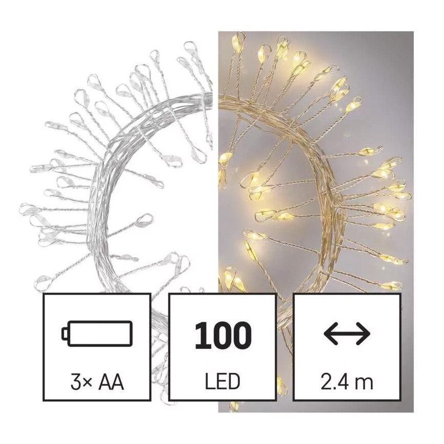 Corrente de Natal LED 100xLED/3xAA 2,7m branco quente