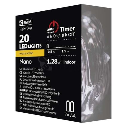 Corrente de Natal LED NANO 20xLED/2xAA 2,4m branco quente