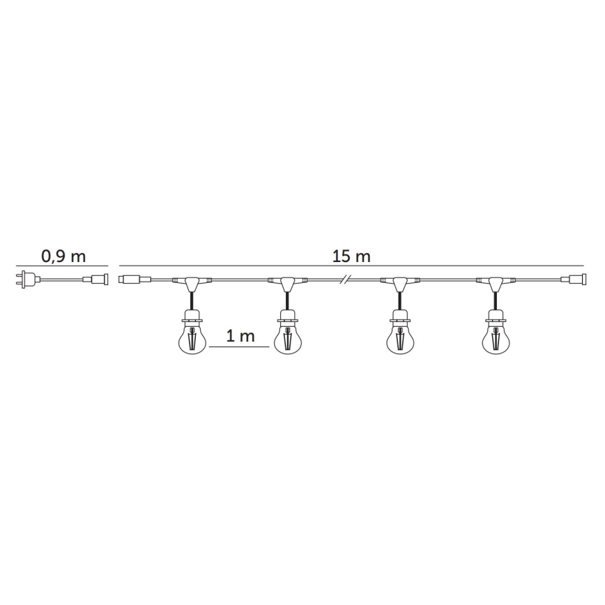 Corrente decorativa exterior LED BAJA ST64 15xE27/1W/230V 15,9m IP44 branco quente