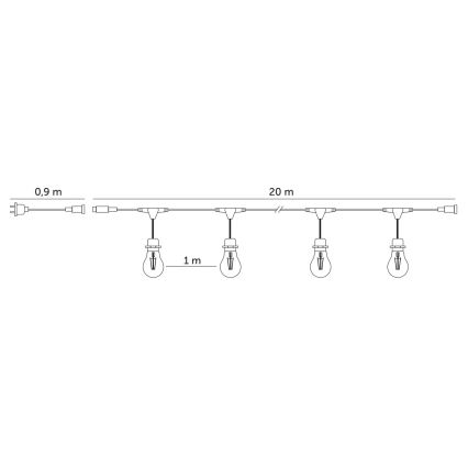 Corrente decorativa exterior LED BAJA ST64 20xE27/1W/230V 20,9m IP44 branco quente