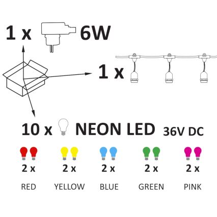 Corrente decorativa exterior LED PARTY NEON 7,6 m 10xE27/0,6W/36V IP44