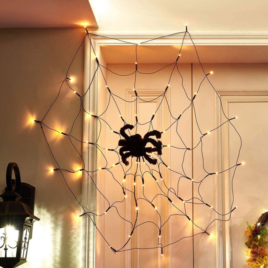 Corrente decorativa LED HALLOWEEN LED/5V/8 funções teia de aranha + controlo remoto