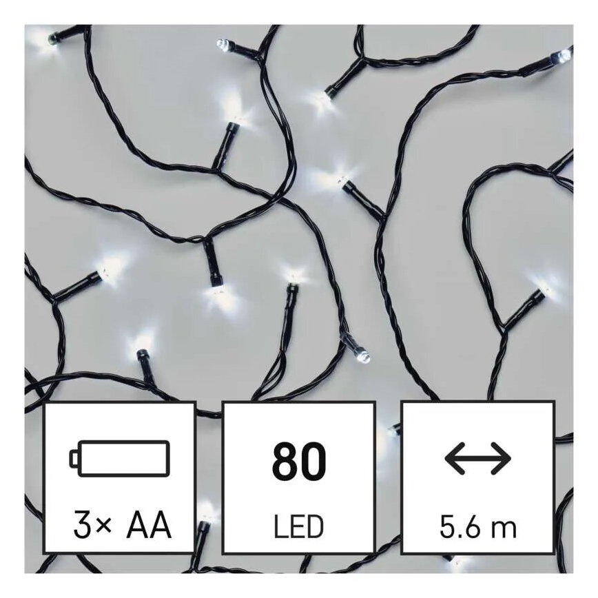 Corrente exterior de Natal LED 80xLED/3xAA 6,1m IP44 branco frio