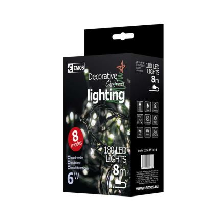 Corrente exterior de Natal LED CHAIN 180xLED/8 funções 8m IP44 branco frio