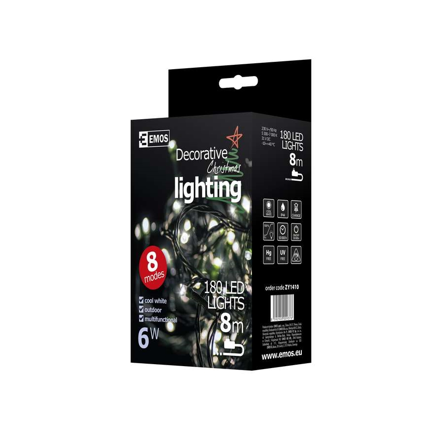 Corrente exterior de Natal LED CHAIN 180xLED/8 funções 8m IP44 branco frio