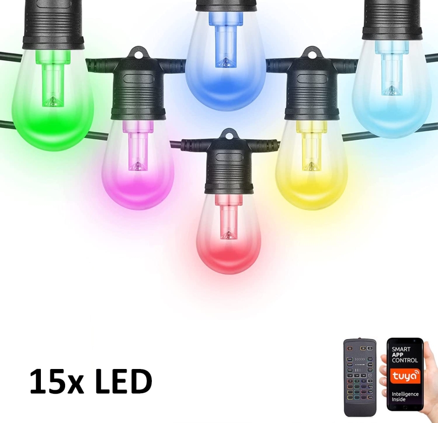 Corrente exterior regulável LED RGB+CCT GARLAND 15xLED/1W/230V 15m Wi-Fi Tuya IP65 + comando