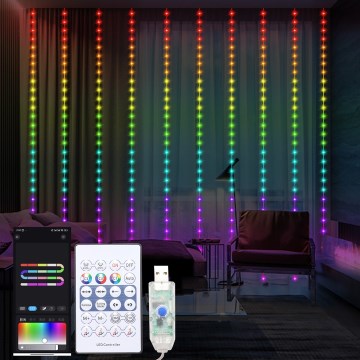 Cortina de Natal LED RGB com regulação WIZARD 300xLED/USB 3x3m + comando